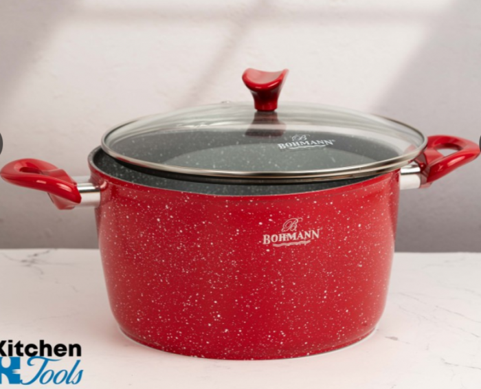 Set cratite din aluminiu forjat, 7 piese, Bohmann, marmorat interior-exterior, inclusiv inductie, rosu [6]