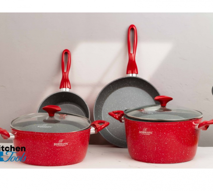 Set cratite din aluminiu forjat, 7 piese, Bohmann, marmorat interior-exterior, inclusiv inductie, rosu [5]