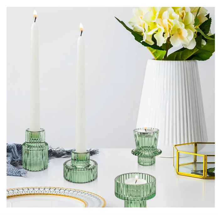 Set suporturi de lumânări Tealight/Stâlp- verde – sticlă groasă cu efect prismă, design elegant pentru nuntă și decor masă [6]