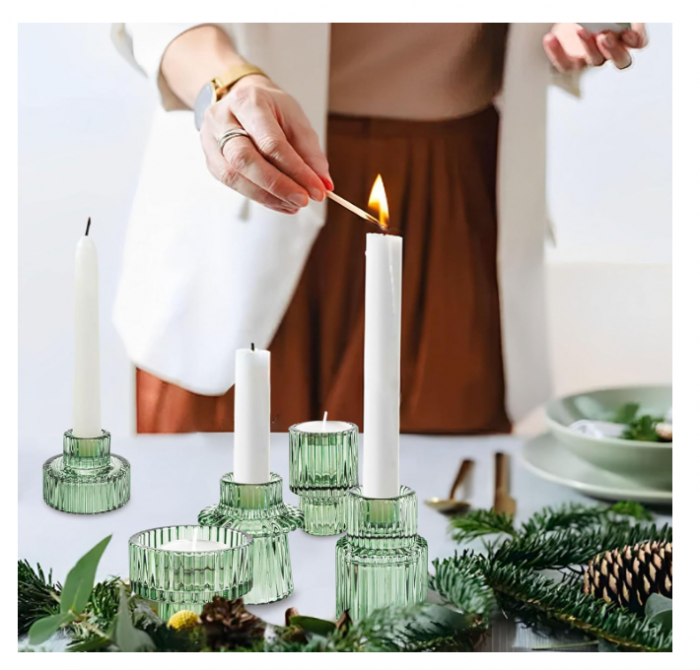 Set suporturi de lumânări Tealight/Stâlp- verde – sticlă groasă cu efect prismă, design elegant pentru nuntă și decor masă [7]