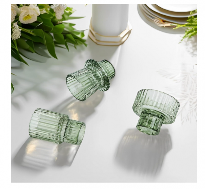 Set suporturi de lumânări Tealight/Stâlp- verde – sticlă groasă cu efect prismă, design elegant pentru nuntă și decor masă [5]