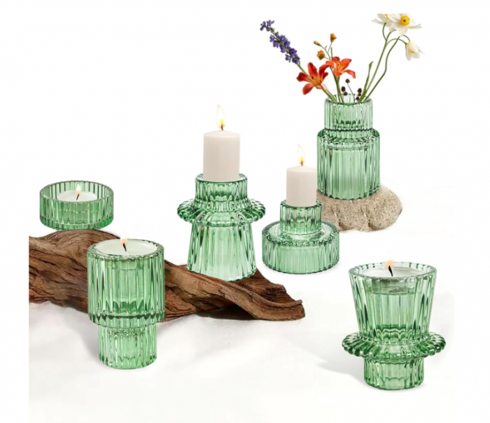 Set suporturi de lumanari Tealight Stalp- verde ,   sticla groasa cu efect prisma, design elegant pentru nunta si decor masa