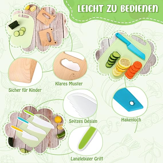 Set 5 cutite pentru copii, siguranta in bucatarie, pentru fructe si legume, cu cutit din lemn antitaiere, model Dinozaur [7]