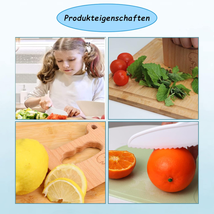 Set 5 cutite pentru copii, siguranta in bucatarie, pentru fructe si legume, cu cutit din lemn antitaiere, model Dinozaur [6]