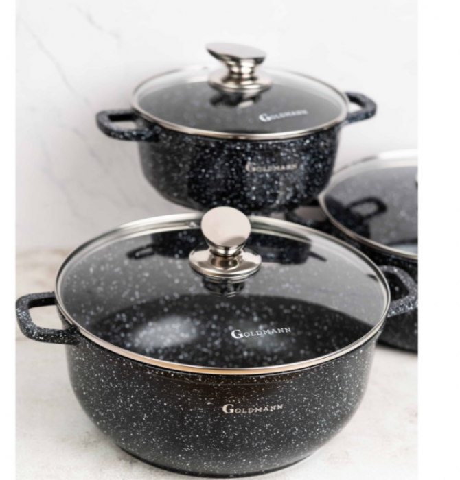 Set 3 cratite cu capace sticla, 20/24/28 cm, 2.3l/4.5l/6.5l, aluminiu turnat si invelis marmorat interior/exterior, Goldmann [3]