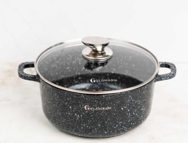 Set 3 cratite cu capace sticla, 20/24/28 cm, 2.3l/4.5l/6.5l, aluminiu turnat si invelis marmorat interior/exterior, Goldmann [4]