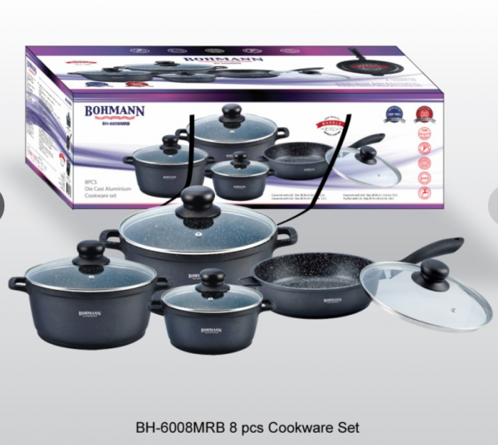 Set de cratite Marble 8 piese, (5,5L, 3,1L, 2,2L), aluminiu fortaj, interior Marmura, Negru [2]