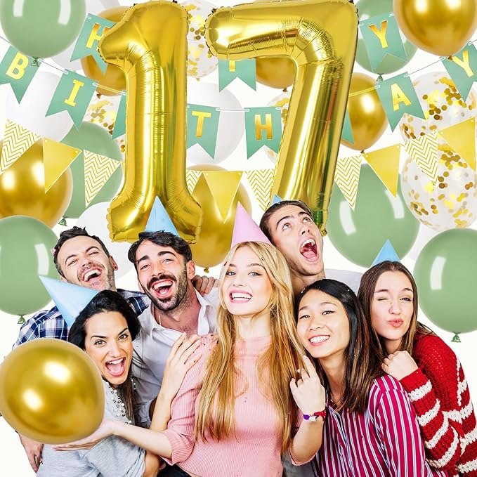 Set decorațiuni pentru aniversarea de 17 ani – banner verde cu auriu, triunghiuri, 24 de piese, baloane “Happy Birthday” pentru fete și băieți [3]