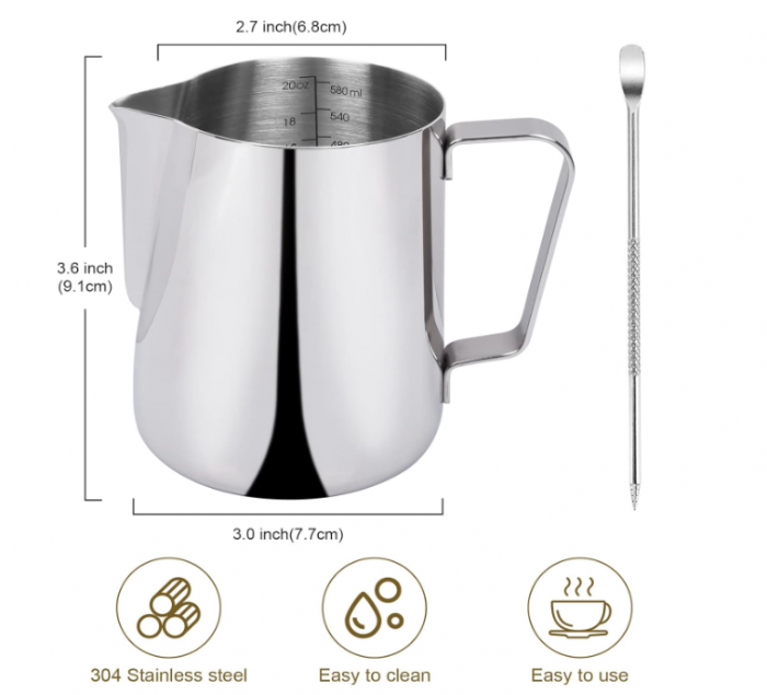 Cana pentru spumă de lapte 350 ml, inox 18/8, pentru latte art, jug profesional cu vârf subțire [2]