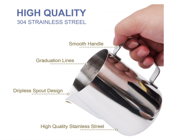 Cana pentru spumă de lapte 350 ml, inox 18/8, pentru latte art, jug profesional cu vârf subțire [3]