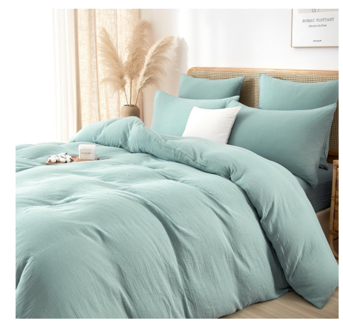 Set husa pilota muselina bumbac 240,  A ,  220,  cm + 2 fete perna 65,  A ,  65,  cm ,   culoare verde menta, moale, respirabil, cu fermoar - Copie