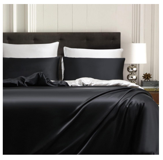 Set husă pilotă satin negru-alb 240×260 cm + 2 fețe pernă 65×65 cm, textură mătăsoasă și fermoar [4]