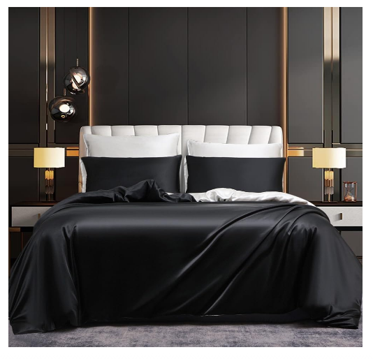 Set husa pilota satin negru-alb 240A 260 cm + 2 fete perna 65A 65 cm, textura matasoasa si fermoar
