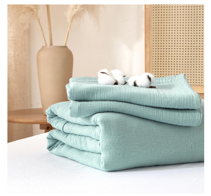 Set husă de pilotă din muselină 100 % bumbac 240 × 260 cm cu fermoar + 2 fețe pernă 65 × 65 cm – culoare verde mentă – extra moale și respirabil [7]