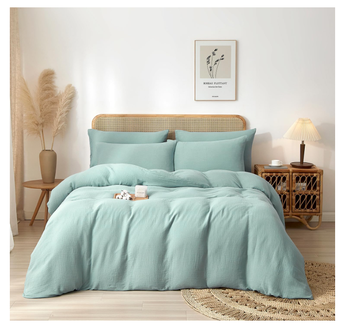 Set husă de pilotă din muselină 100 % bumbac 240 × 260 cm cu fermoar + 2 fețe pernă 65 × 65 cm – culoare verde mentă – extra moale și respirabil [2]