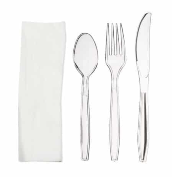 Set tacam lingura + furculita + cutit + servetel, din plastic transparent 100buc set, 777R