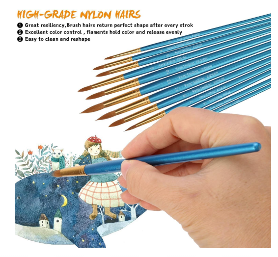 Set pensule sintetice nylon – 12 piese pentru pictură acrilic, acuarelă, ulei, albastru [4]