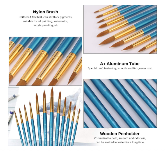 Set pensule sintetice nylon – 12 piese pentru pictură acrilic, acuarelă, ulei, albastru [6]