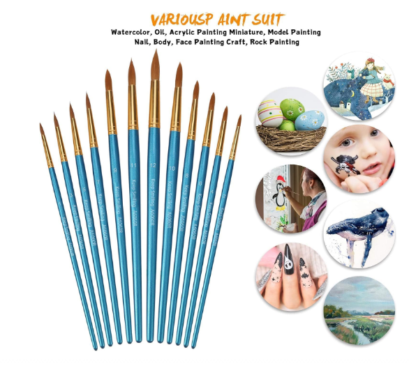 Set pensule sintetice nylon – 12 piese pentru pictură acrilic, acuarelă, ulei, albastru [8]