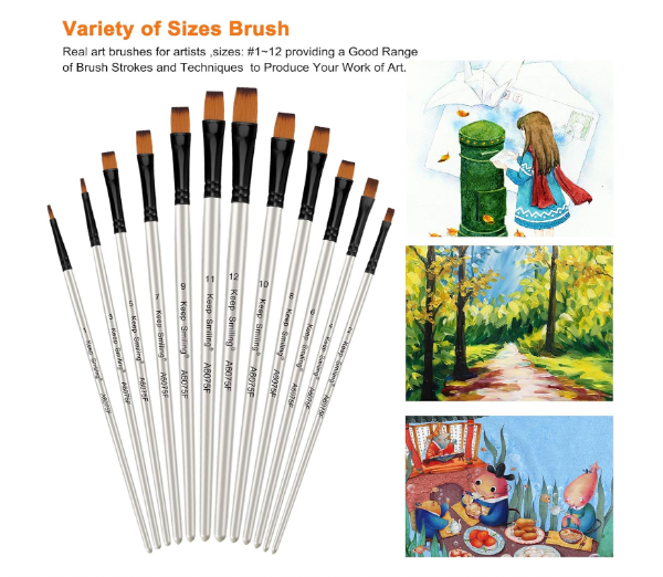 Set pensule sintetice nylon – 12 piese pentru pictură acrilic, acuarelă, ulei, argintiu [2]