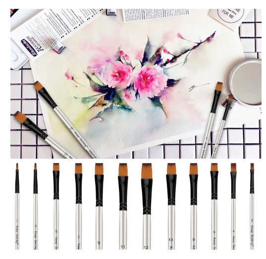 Set pensule sintetice nylon – 12 piese pentru pictură acrilic, acuarelă, ulei, argintiu [8]
