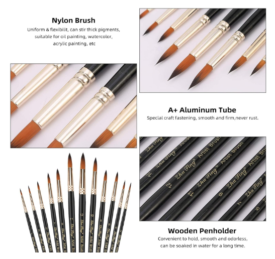 Set pensule sintetice nylon – 12 piese pentru pictură acrilic, acuarelă, ulei, negru [6]