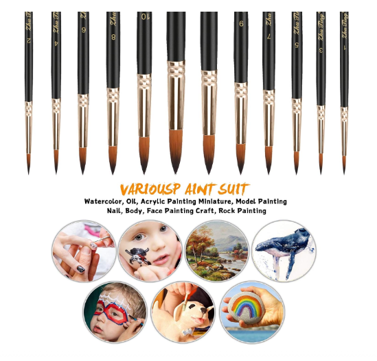 Set pensule sintetice nylon – 12 piese pentru pictură acrilic, acuarelă, ulei, negru [8]
