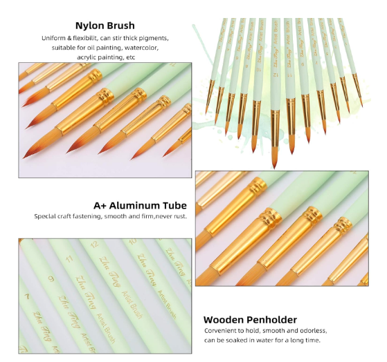 Set pensule sintetice nylon – 12 piese pentru pictură acrilic, acuarelă, ulei, verde menta [6]
