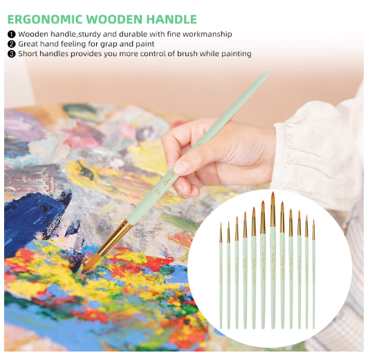 Set pensule sintetice nylon – 12 piese pentru pictură acrilic, acuarelă, ulei, verde menta [5]