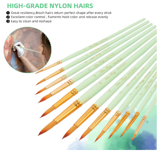 Set pensule sintetice nylon – 12 piese pentru pictură acrilic, acuarelă, ulei, verde menta [4]