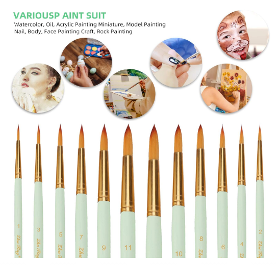 Set pensule sintetice nylon – 12 piese pentru pictură acrilic, acuarelă, ulei, verde menta [8]