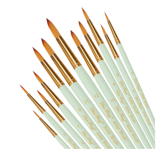 Set pensule sintetice nylon ,   12 piese pentru pictura acrilic, acuarela, ulei, verde menta