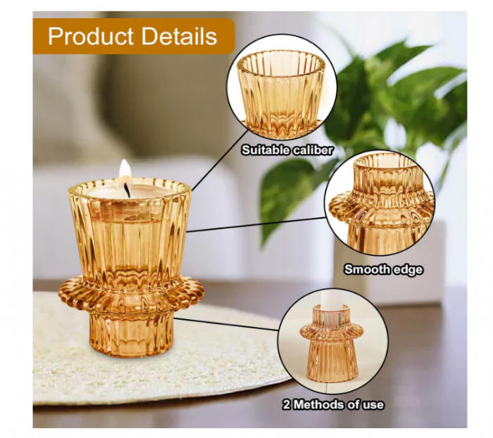 Set suporturi de lumânări Tealight/Stâlp- portocaliu – sticlă groasă cu efect prismă, design elegant pentru nuntă și decor masă [2]
