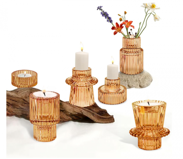 Set suporturi de lumanari Tealight Stalp- portocaliu ,   sticla groasa cu efect prisma, design elegant pentru nunta si decor masa