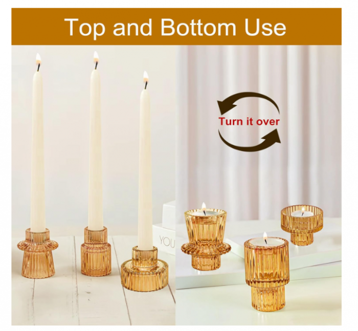 Set suporturi de lumânări Tealight/Stâlp- portocaliu – sticlă groasă cu efect prismă, design elegant pentru nuntă și decor masă [3]