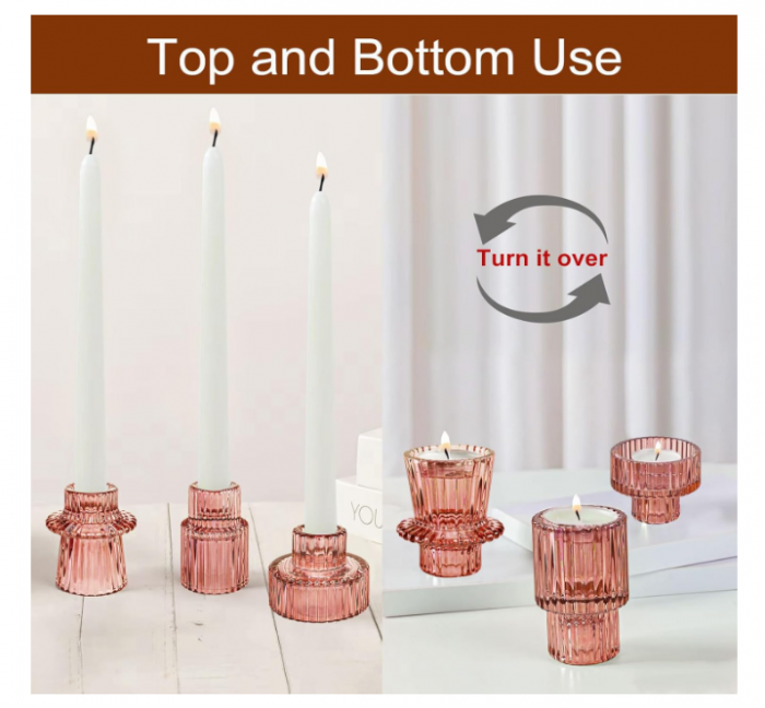 Set suporturi de lumânări Tealight/Stâlp- roz – sticlă groasă cu efect prismă, design elegant pentru nuntă și decor masă [3]