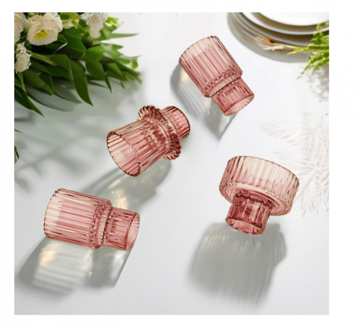 Set suporturi de lumânări Tealight/Stâlp- roz – sticlă groasă cu efect prismă, design elegant pentru nuntă și decor masă [5]