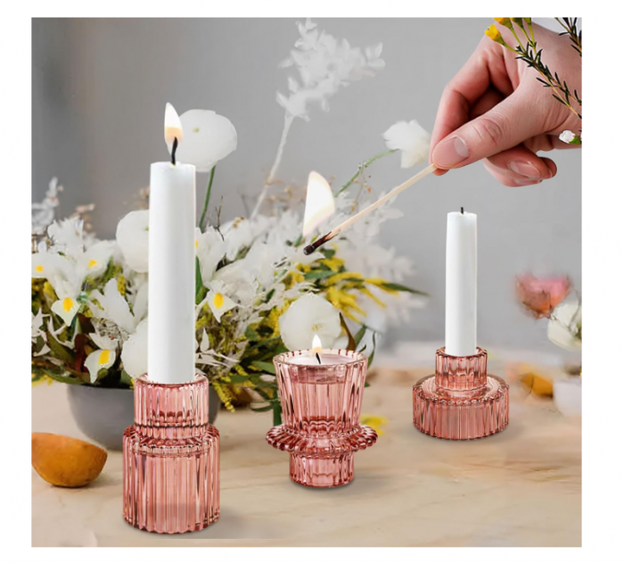 Set suporturi de lumânări Tealight/Stâlp- roz – sticlă groasă cu efect prismă, design elegant pentru nuntă și decor masă [6]