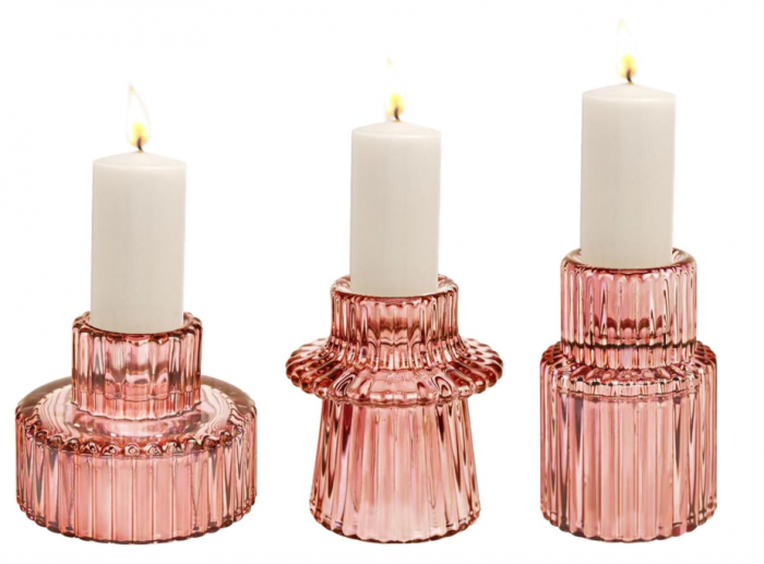 Set suporturi de lumânări Tealight/Stâlp- roz – sticlă groasă cu efect prismă, design elegant pentru nuntă și decor masă [7]