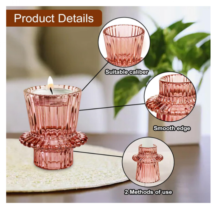 Set suporturi de lumânări Tealight/Stâlp- roz – sticlă groasă cu efect prismă, design elegant pentru nuntă și decor masă [2]