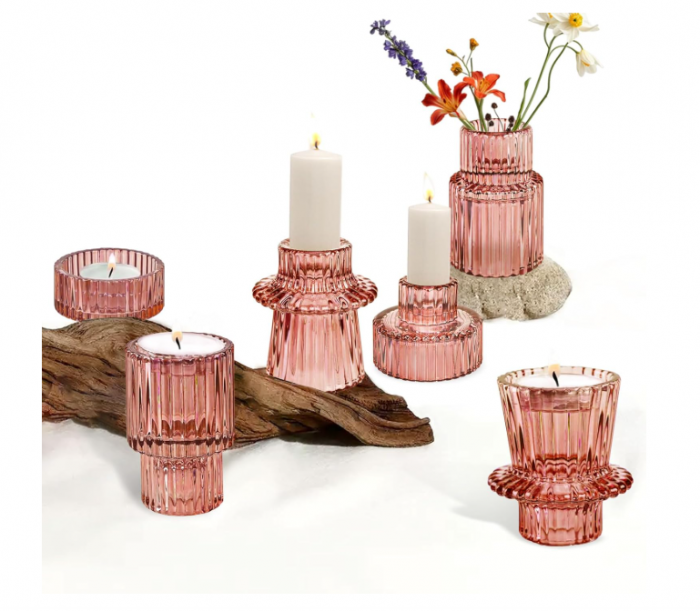 Set suporturi de lumanari Tealight Stalp- roz ,   sticla groasa cu efect prisma, design elegant pentru nunta si decor masa