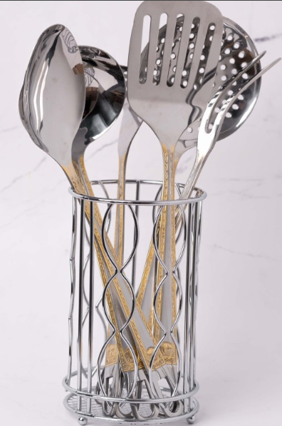 Set ustensile gatit, 7 piese, suport inclus, otel inoxidabil, Rosberg, auriu [8]