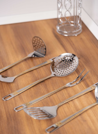 Set ustensile gatit, 7 piese, suport inclus, otel inoxidabil, Rosberg, auriu [7]