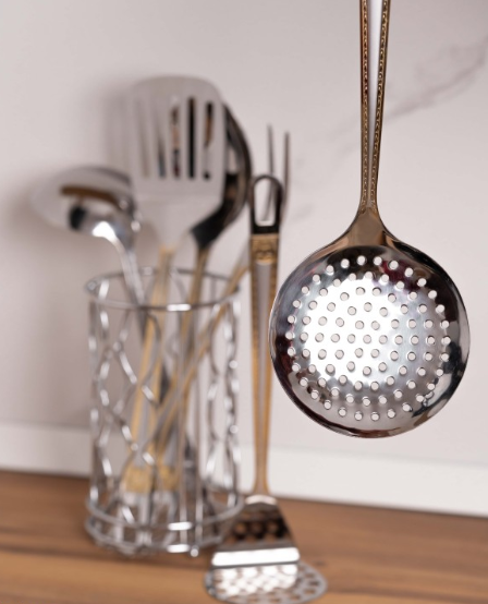 Set ustensile gatit, 7 piese, suport inclus, otel inoxidabil, Rosberg, auriu [6]