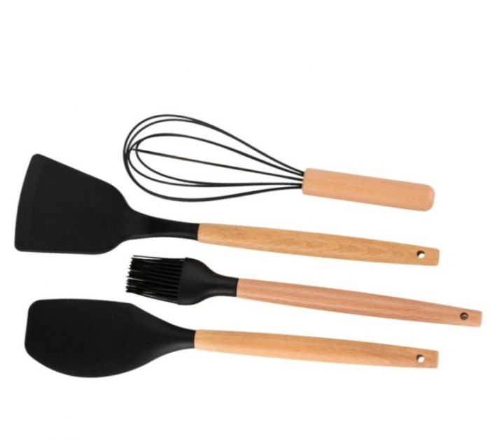 Set ustensile bucatarie Bohmann 8 piese, silicon alimentar, maner lemn, negru [4]