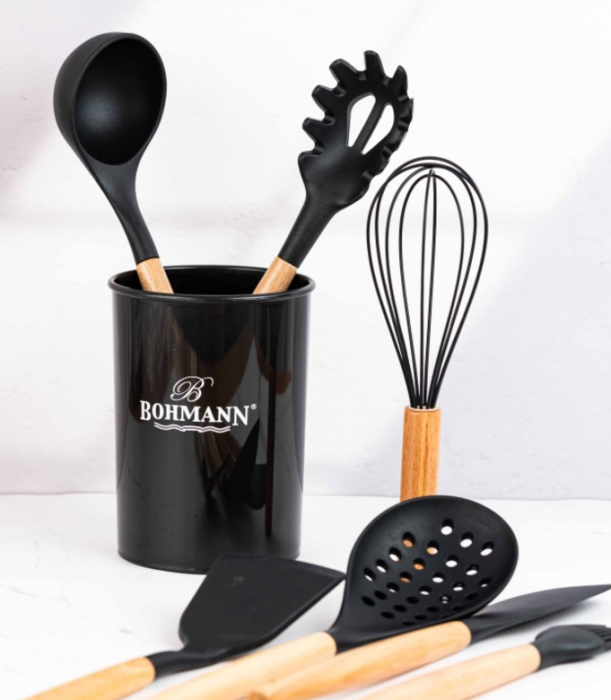 Set ustensile bucatarie Bohmann 8 piese, silicon alimentar, maner lemn, negru [2]