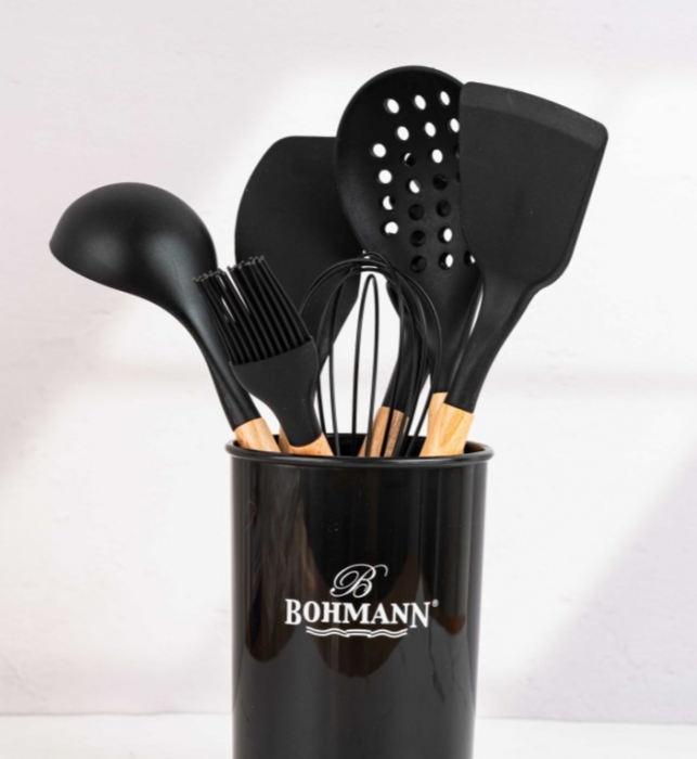 Set ustensile bucatarie Bohmann 8 piese, silicon alimentar, maner lemn, negru [3]