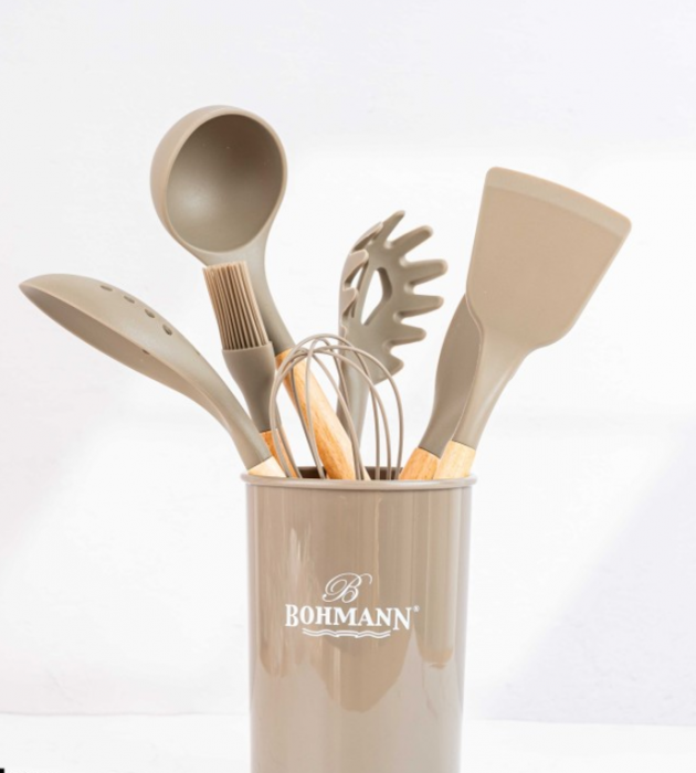 Set ustensile bucatarie Bohmann 8 piese, silicon alimentar, maner lemn, gri [3]