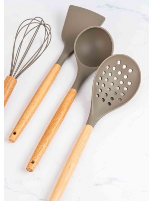 Set ustensile bucatarie Bohmann 8 piese, silicon alimentar, maner lemn, gri [5]