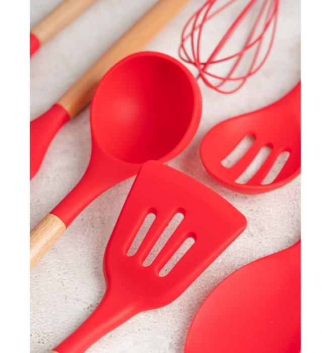 Set ustensile bucatarie 11 piese Lemn si Silicon alimentar, Termorezistente, Antiaderente, Suport Blat [6]